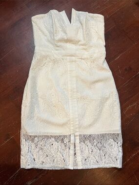 Adelyn Rae Strapless Lace Midi Dress in white